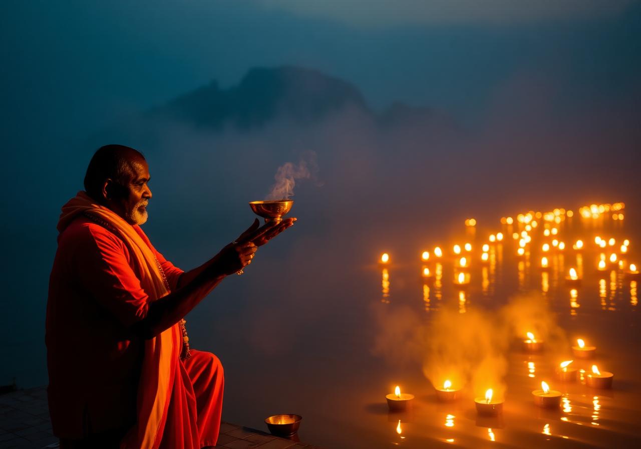 Devotee performing aarti on the Godavari at dusk
