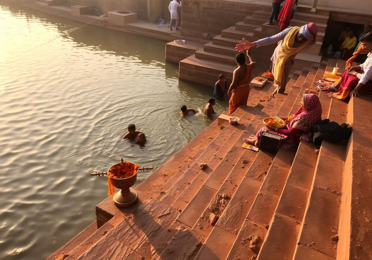 Ram Kund ghat on the Godavari river with devotees